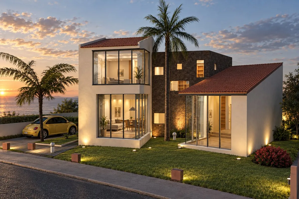La misma vivienda rehecha al atardecer, con materiales realistas y la misma geometría