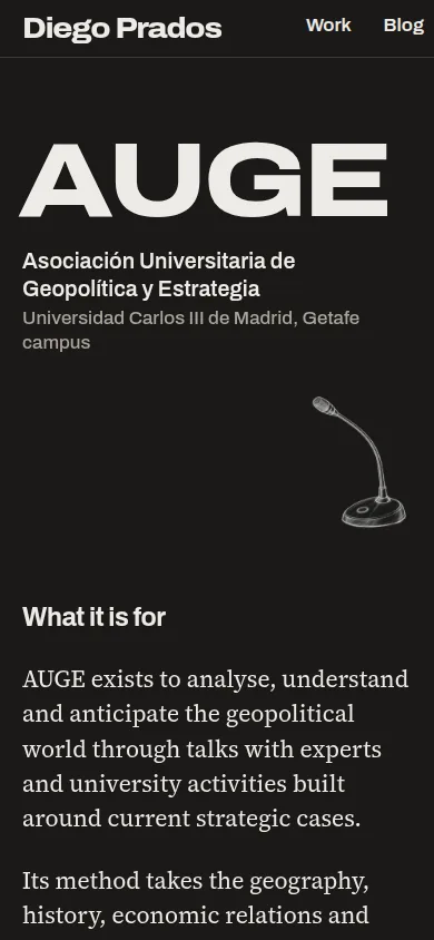 Sección de la asociación AUGE en un móvil, con el título en grande sobre fondo oscuro