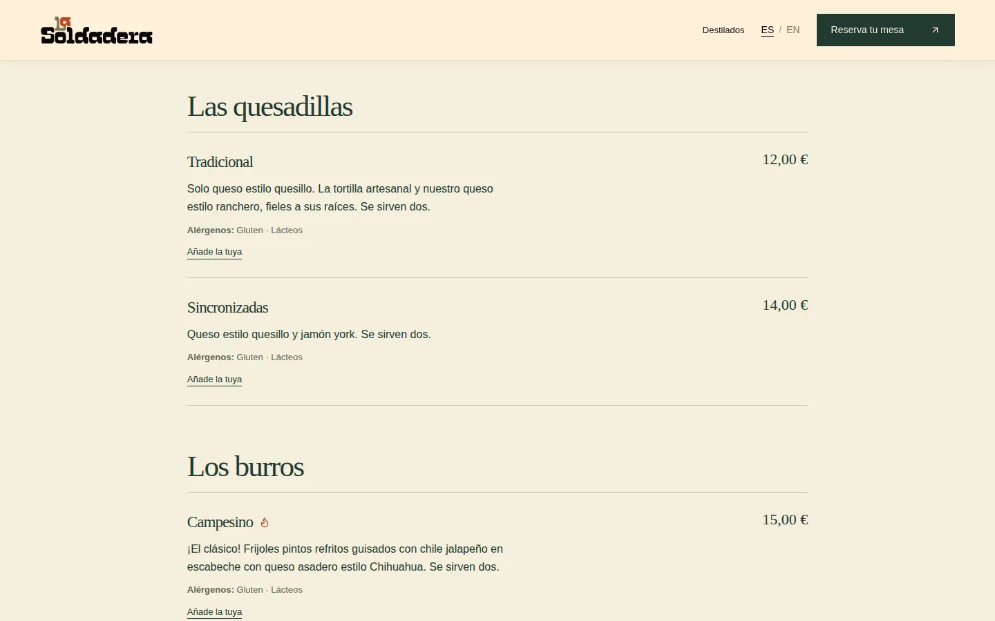 Carta digital de La Soldadera en escritorio, con precios, alérgenos y la opción de añadir una foto